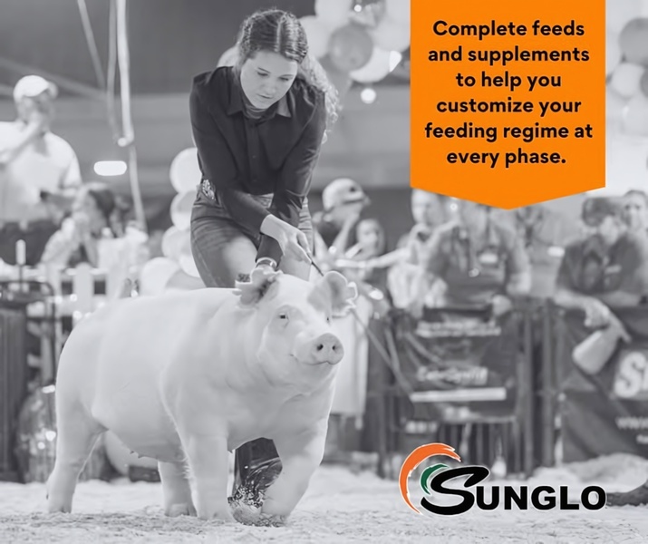 A high-contrast, black and white photograph featuring a handler showing a livestock animal in a competitive arena setting, paired with a bold orange overlay for key copy.